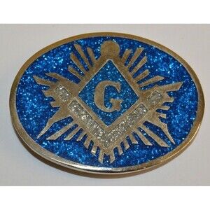 NICE Vintage Beautiful Inlaid Freemasons Compass Blue Solid Belt Buckle Rare